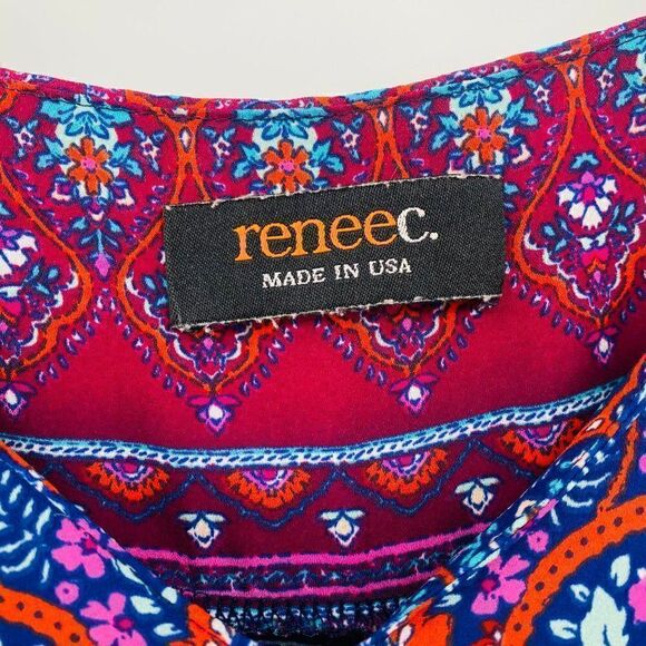 Renee C Size Small Blue & Pink Boho Print V Neck Hi Low 3/4 Sleeve Blouse Top - Picture 7 of 10